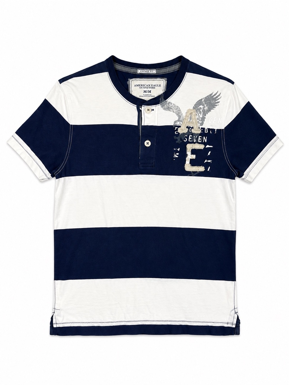 American Eagle Vintage Fit Navy White Striped Henley Graphic Shirt Men’s M